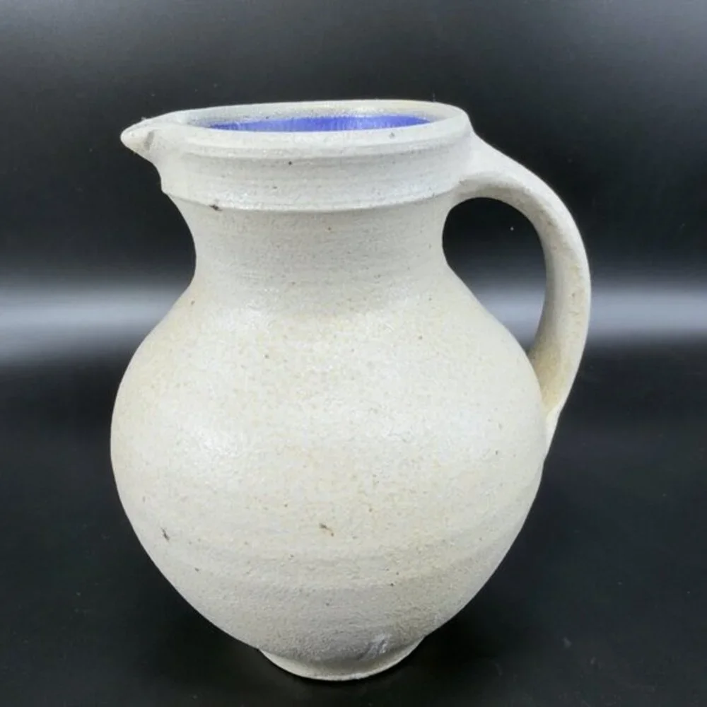 Kings Pottery‎ Seagrove NC Gray W Blue Inside Pitcher Carafe Jug Artist Marked